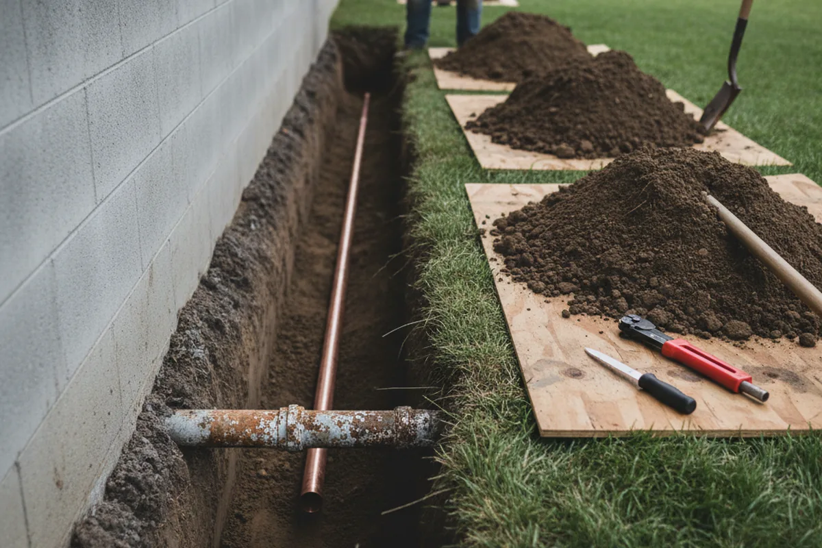 Excavated water line trench during Water Heater Repair in East Rockaway